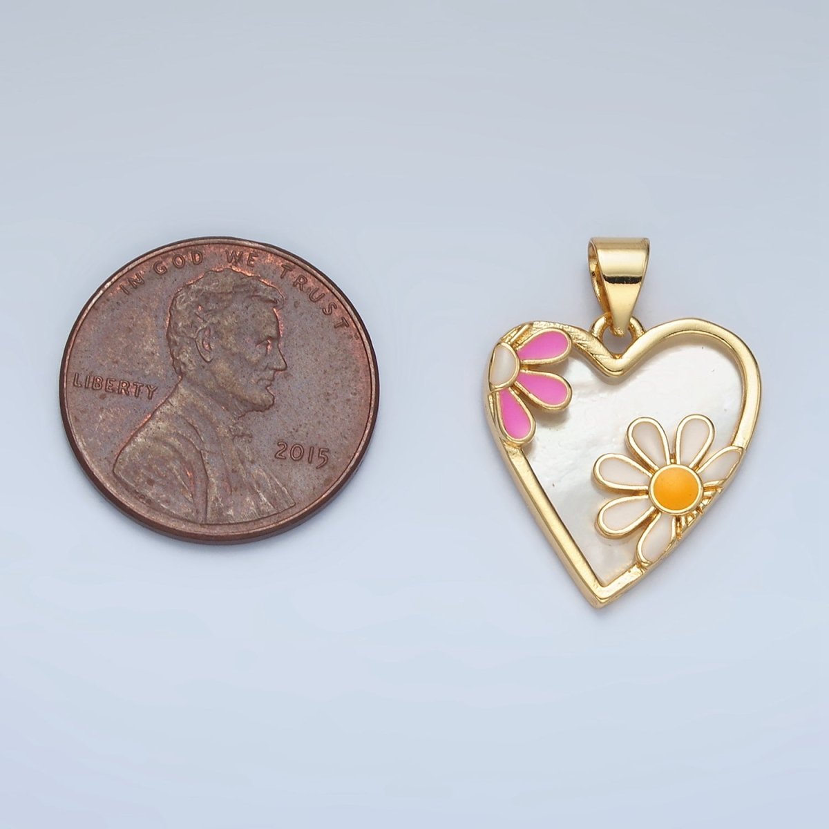 24K Gold Filled Pink White Daisy Shell Pearl Heart Bezel Pendant | AA855