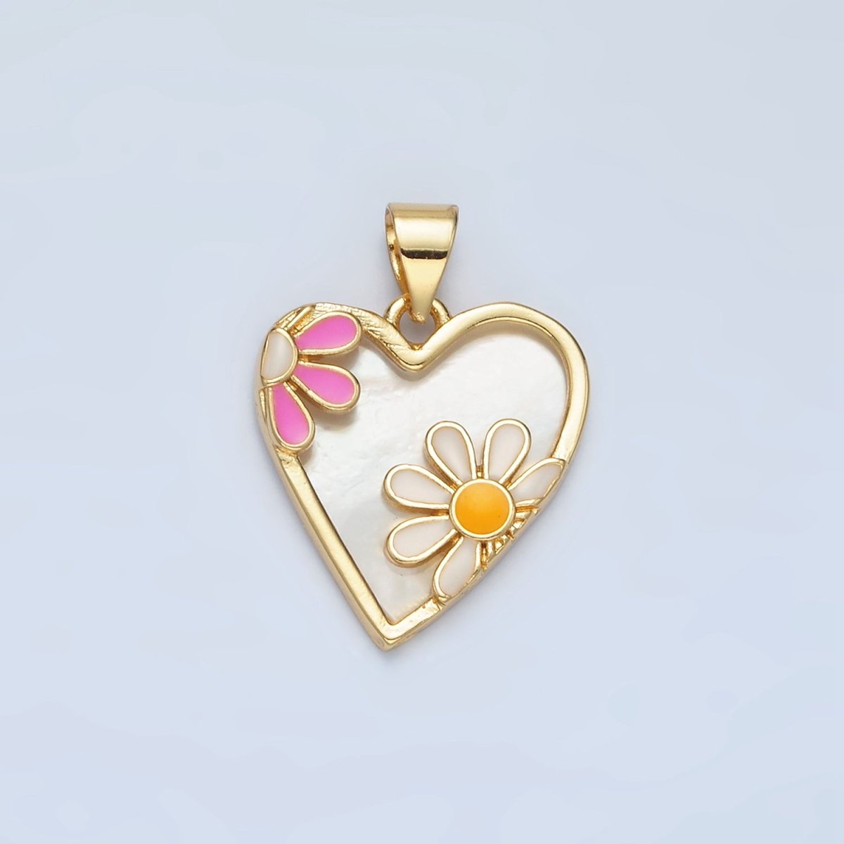 24K Gold Filled Pink White Daisy Shell Pearl Heart Bezel Pendant | AA855