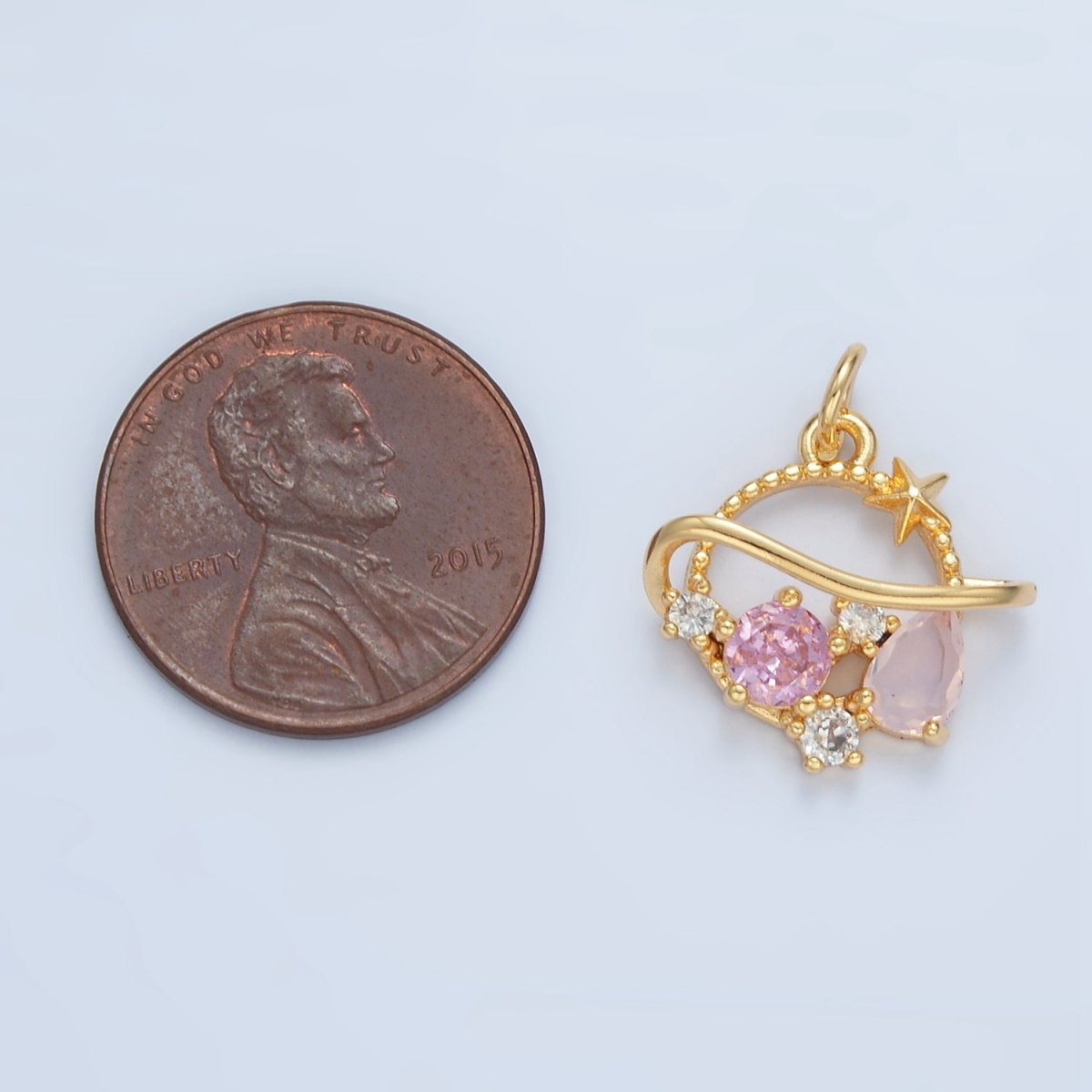 24K Gold Filled Pink CZ  Celestial Saturn Planet Open Charm | X280