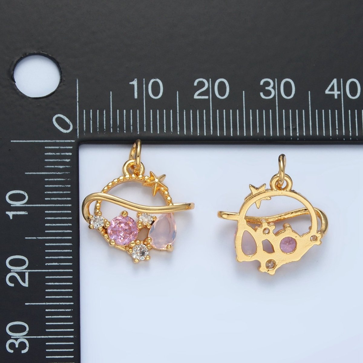 24K Gold Filled Pink CZ  Celestial Saturn Planet Open Charm | X280