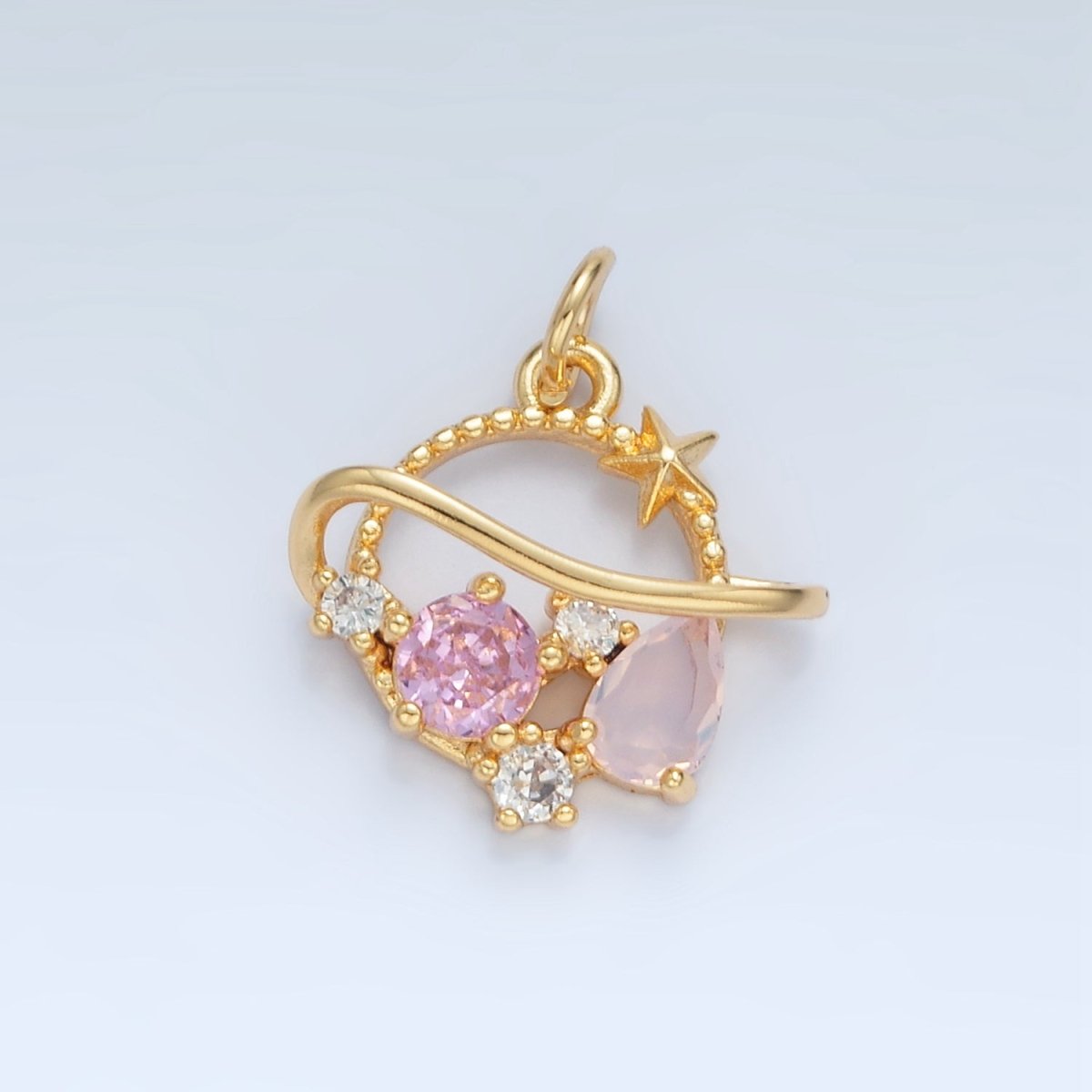 24K Gold Filled Pink CZ  Celestial Saturn Planet Open Charm | X280