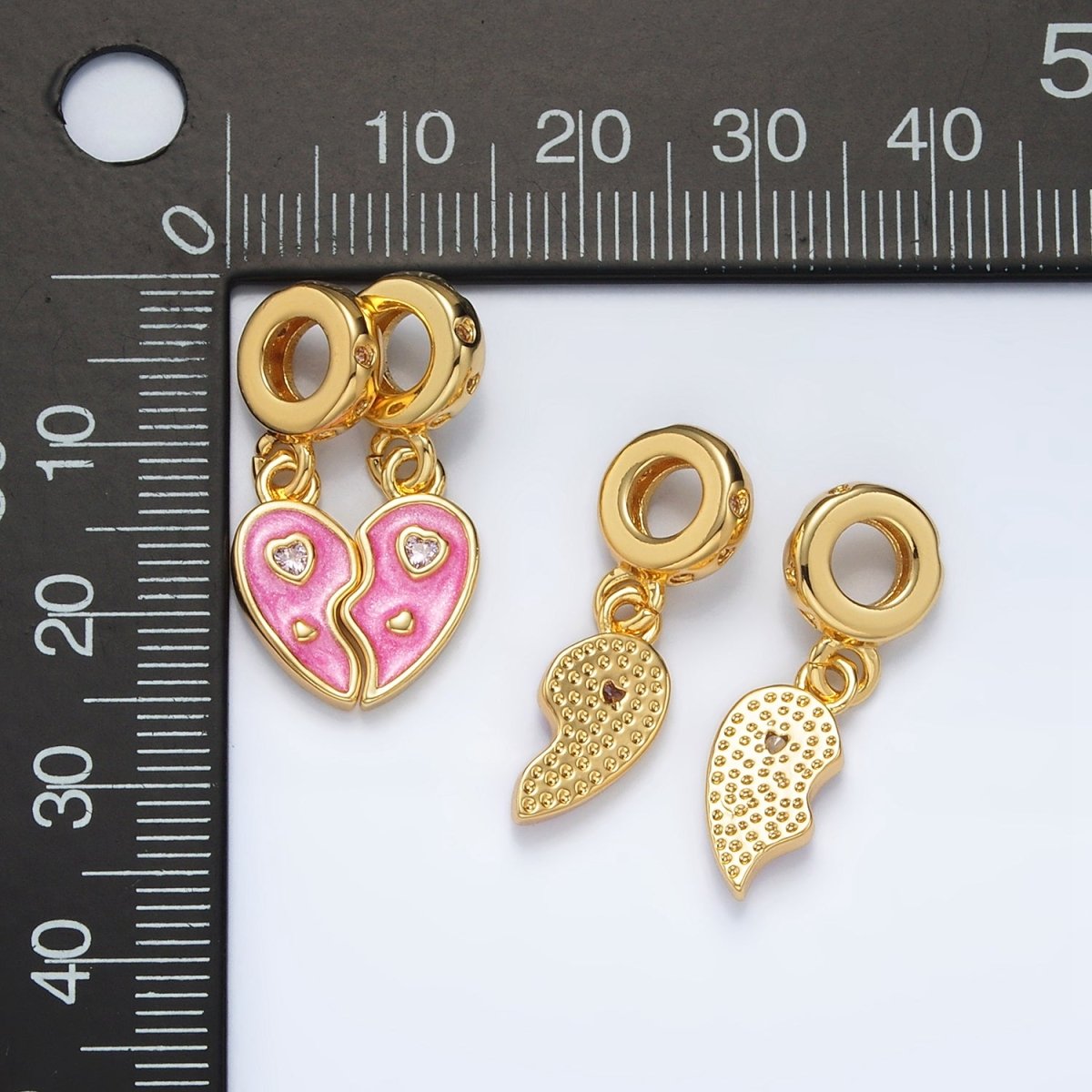 24K Gold Filled Pink CZ Enamel Heart Double Rhondelle Bail Drop Pendant Set | AC100
