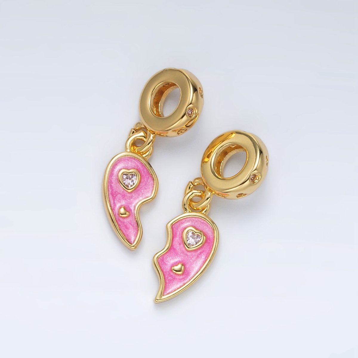 24K Gold Filled Pink CZ Enamel Heart Double Rhondelle Bail Drop Pendant Set | AC100