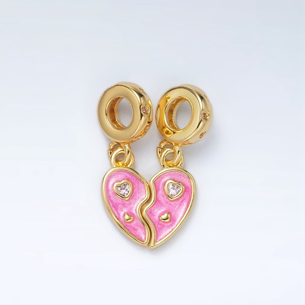 24K Gold Filled Pink CZ Enamel Heart Double Rhondelle Bail Drop Pendant Set | AC100