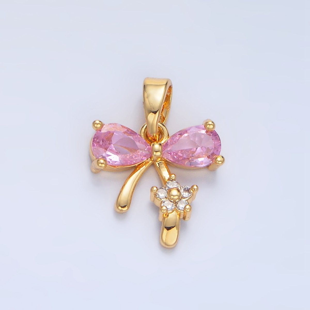 24K Gold Filled Pink CZ Ribbon Bow Flower Pendant | AA797