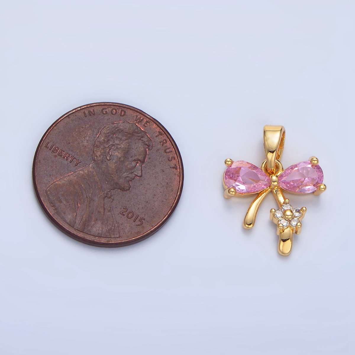 24K Gold Filled Pink CZ Ribbon Bow Flower Pendant | AA797