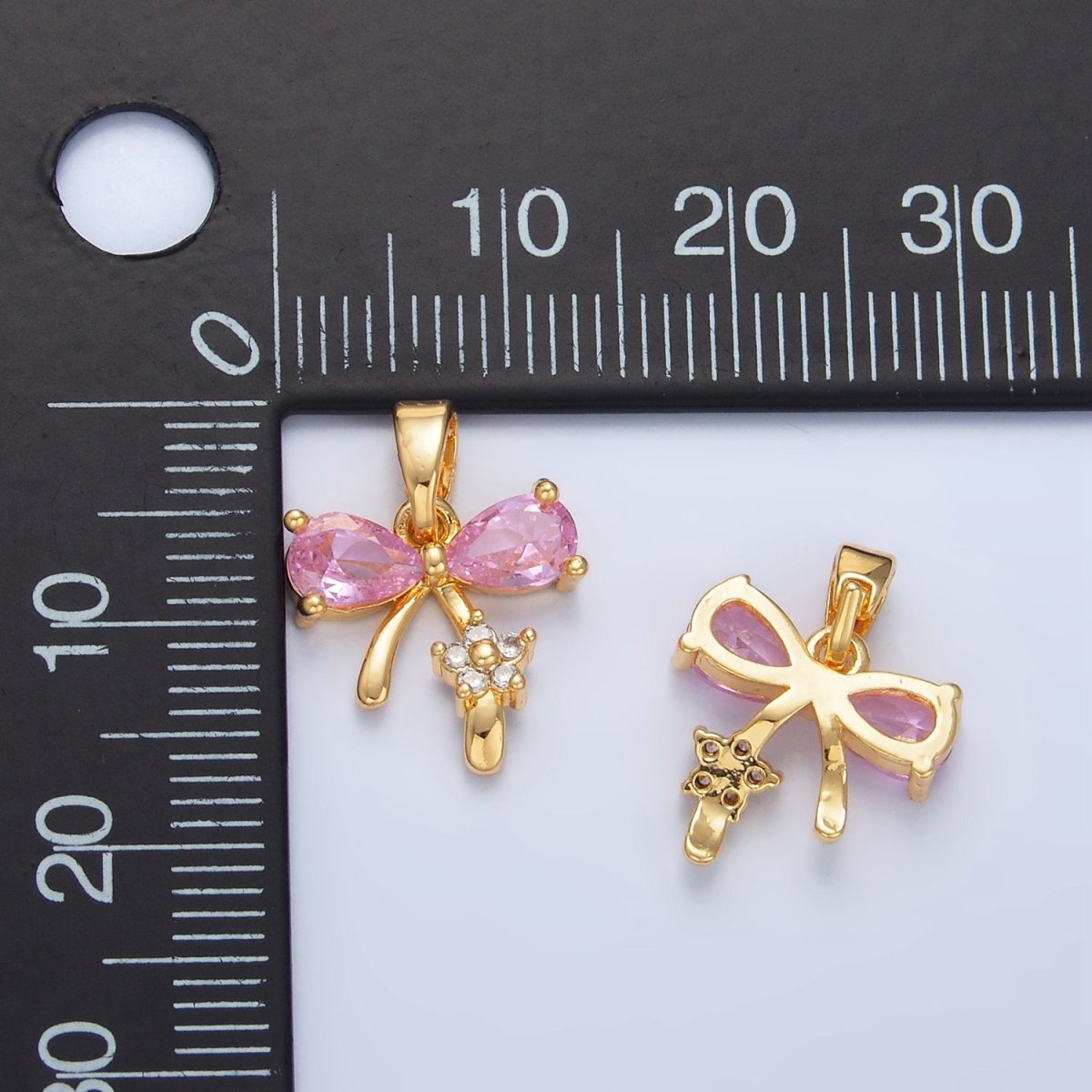 24K Gold Filled Pink CZ Ribbon Bow Flower Pendant | AA797