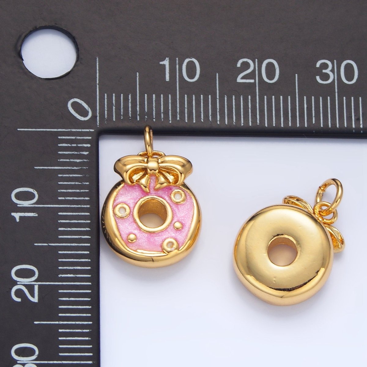24K Gold Filled Pink Enamel Donut Ribbon Bow Desert Multidimensional Charm | X836