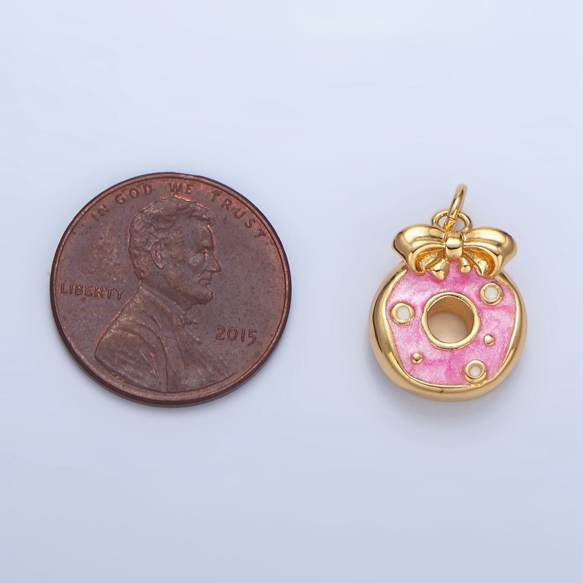 24K Gold Filled Pink Enamel Donut Ribbon Bow Desert Multidimensional Charm | X836