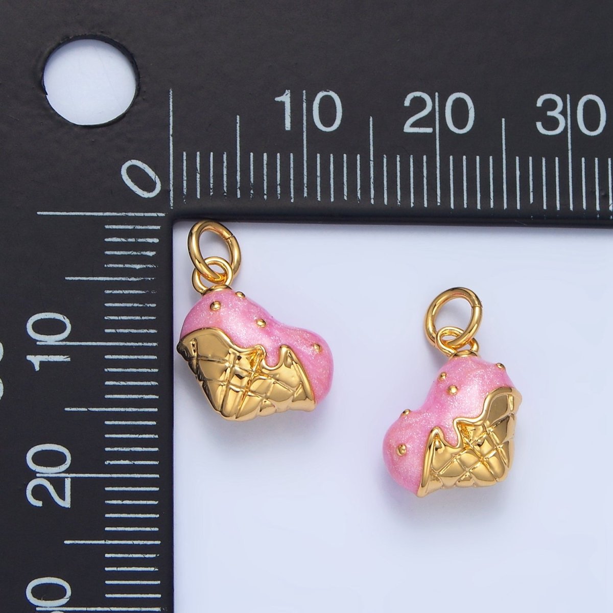 24K Gold Filled Pink Enamel Double Ice Cream Cone Desert Multidimensional Charm | X835