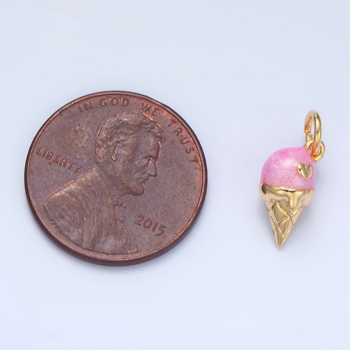 24K Gold Filled Pink Enamel Heart Melt Ice Cream Cone Desert Multidimensional Charm | X834