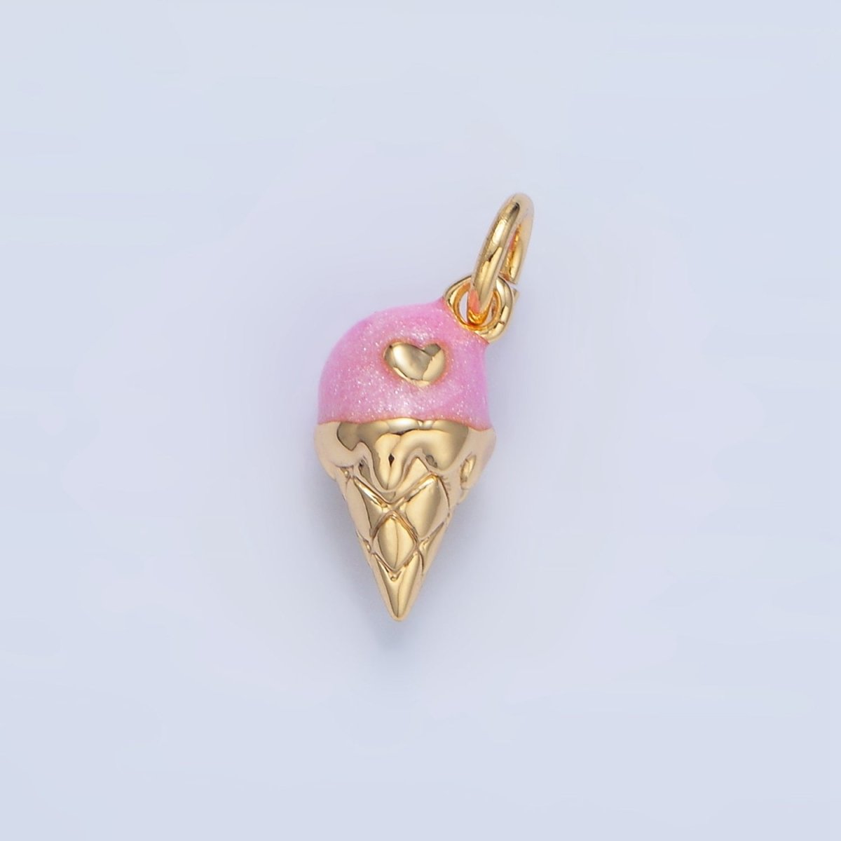 24K Gold Filled Pink Enamel Heart Melt Ice Cream Cone Desert Multidimensional Charm | X834