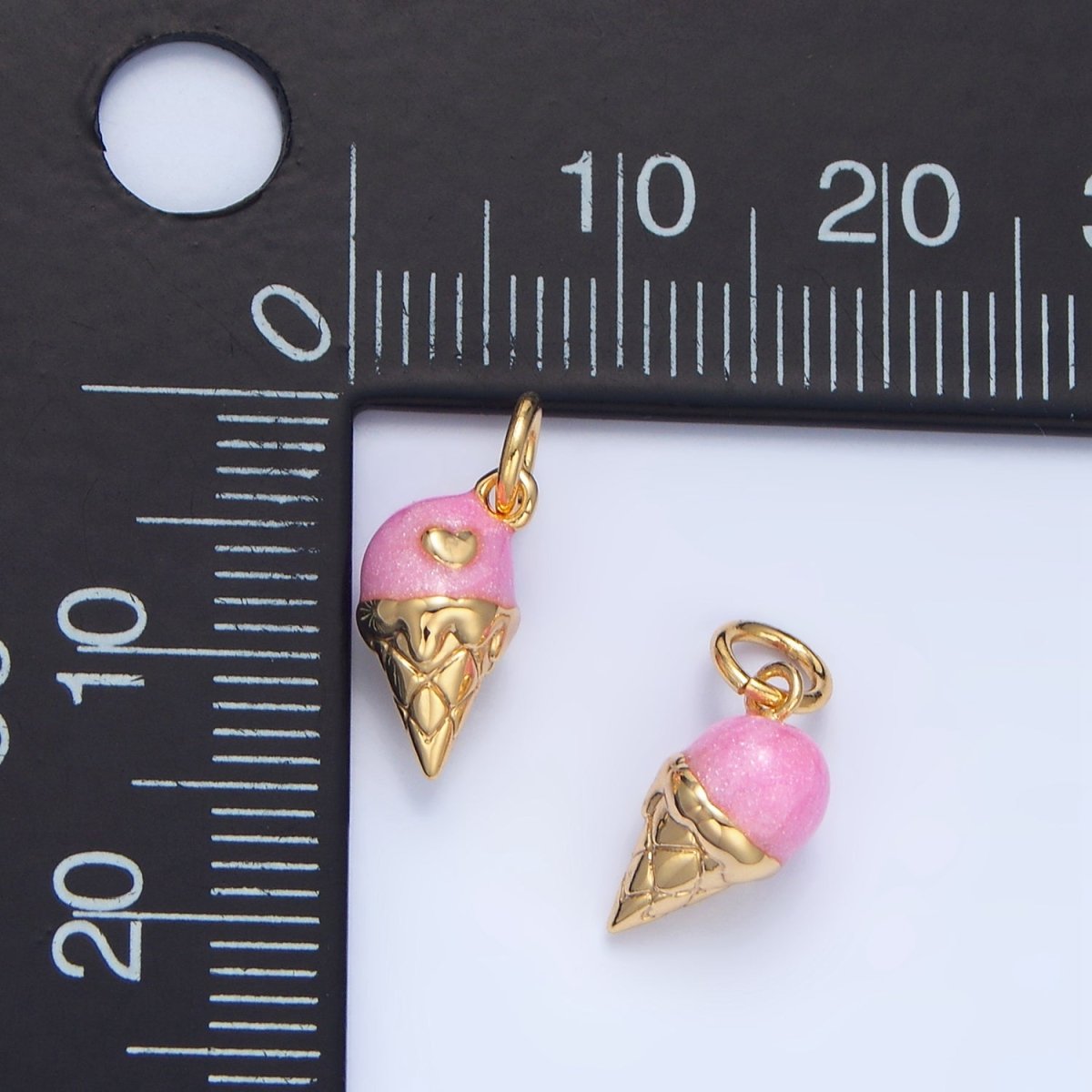 24K Gold Filled Pink Enamel Heart Melt Ice Cream Cone Desert Multidimensional Charm | X834