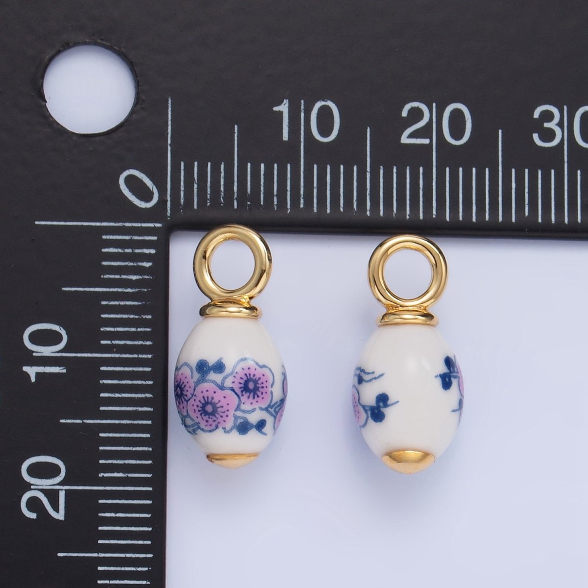 24K Gold Filled Pink Flowers White Ceramic Drop Charm | W120