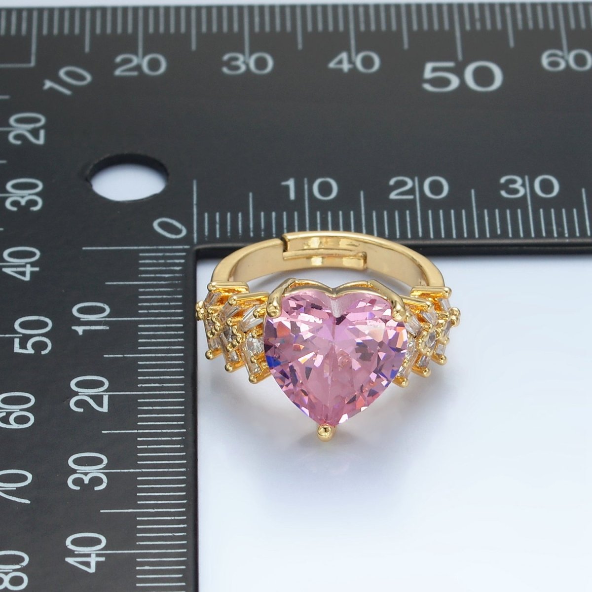 24K Gold Filled Pink Heart CZ Baguette Solitaire Ring | U350