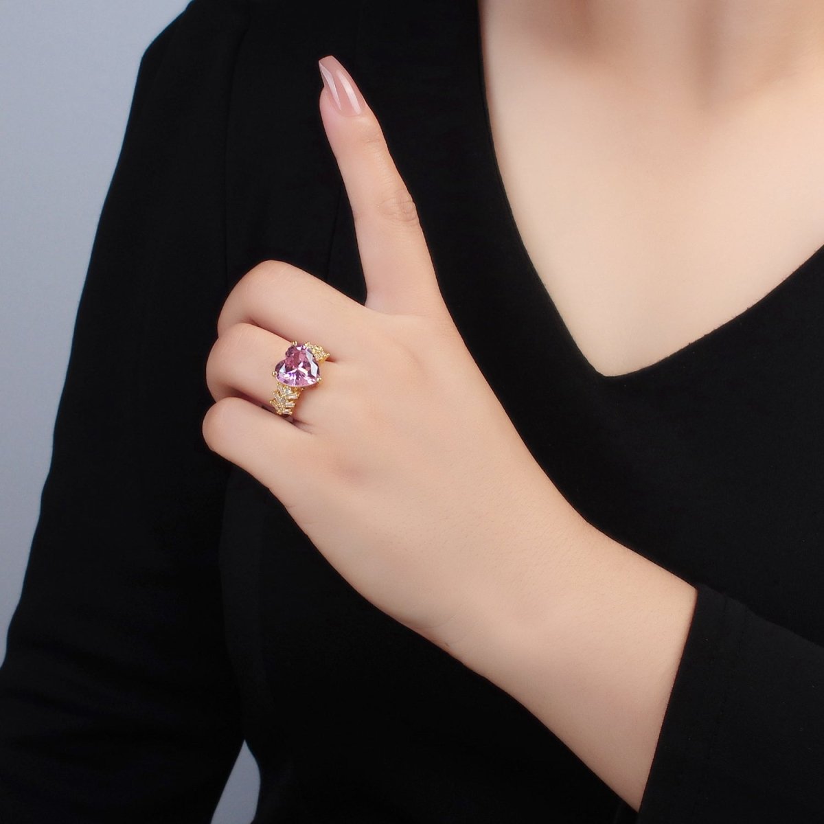 24K Gold Filled Pink Heart CZ Baguette Solitaire Ring | U350