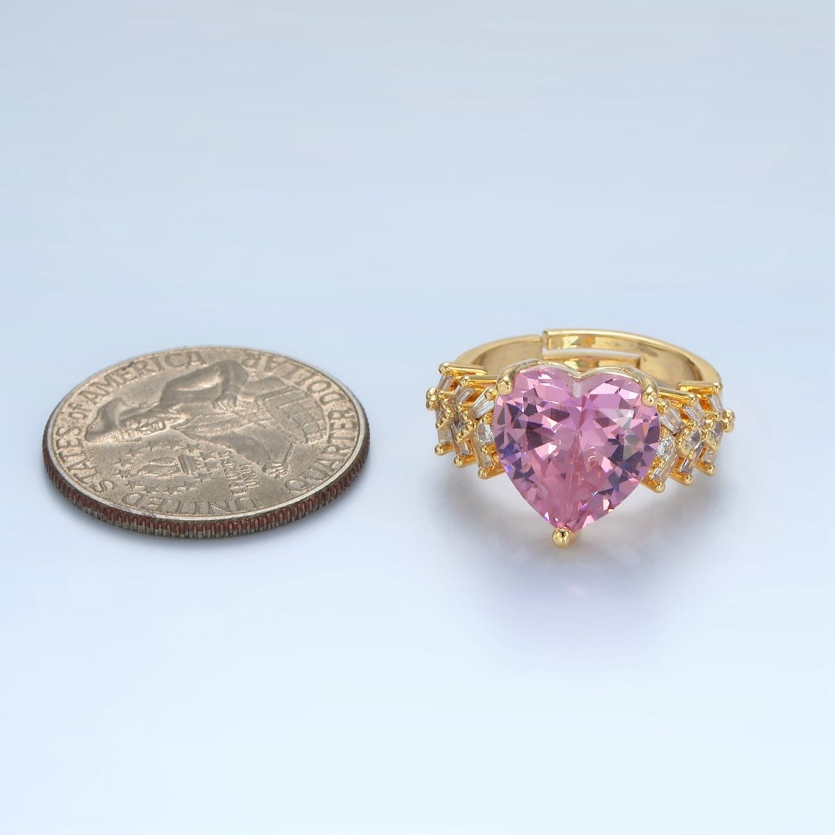 24K Gold Filled Pink Heart CZ Baguette Solitaire Ring | U350