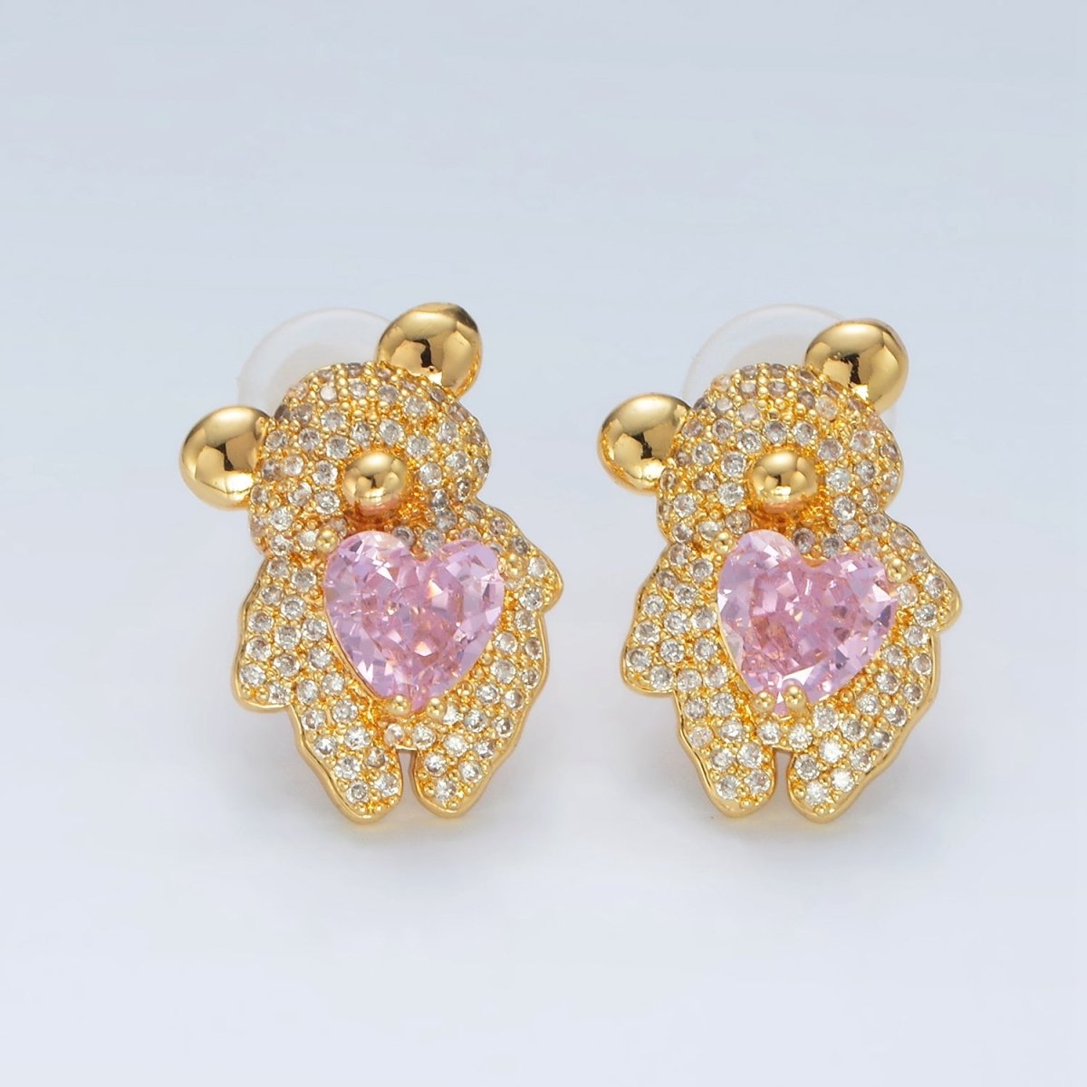 24K Gold Filled Pink Heart CZ Teddy Bear Micro Paved Stud Earrings | AB1226