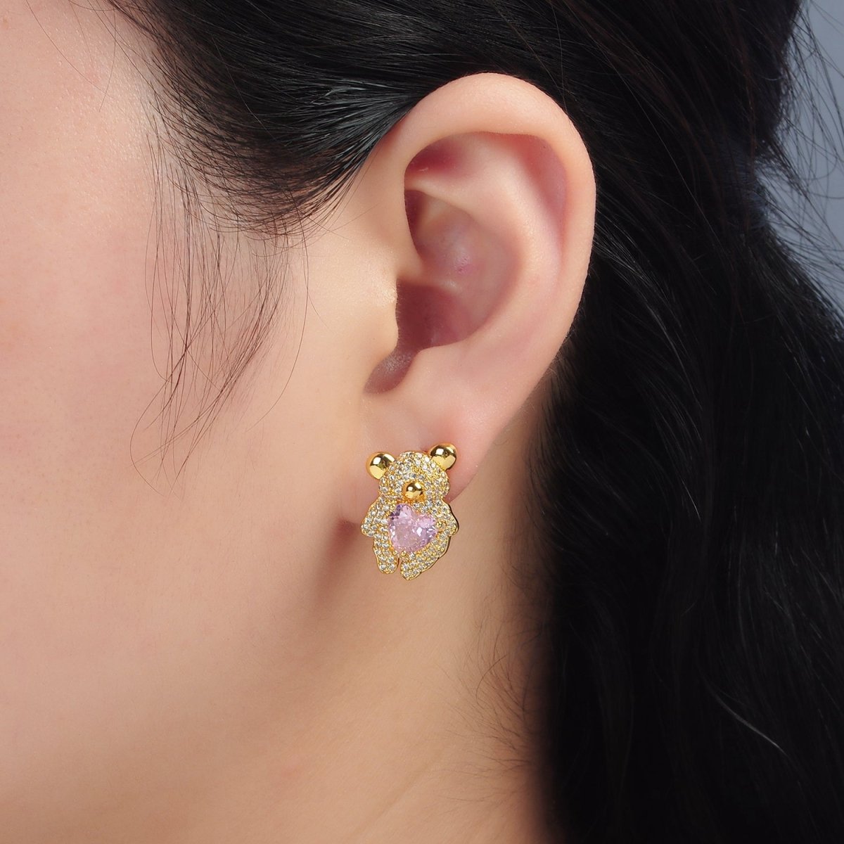 24K Gold Filled Pink Heart CZ Teddy Bear Micro Paved Stud Earrings | AB1226