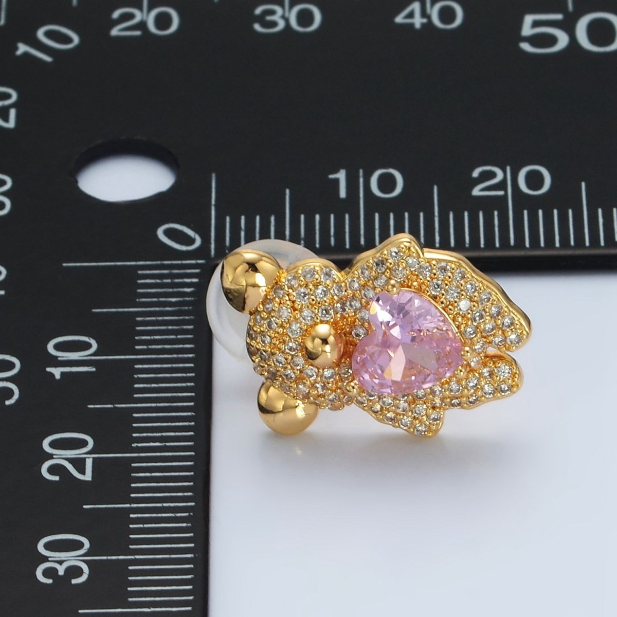24K Gold Filled Pink Heart CZ Teddy Bear Micro Paved Stud Earrings | AB1226