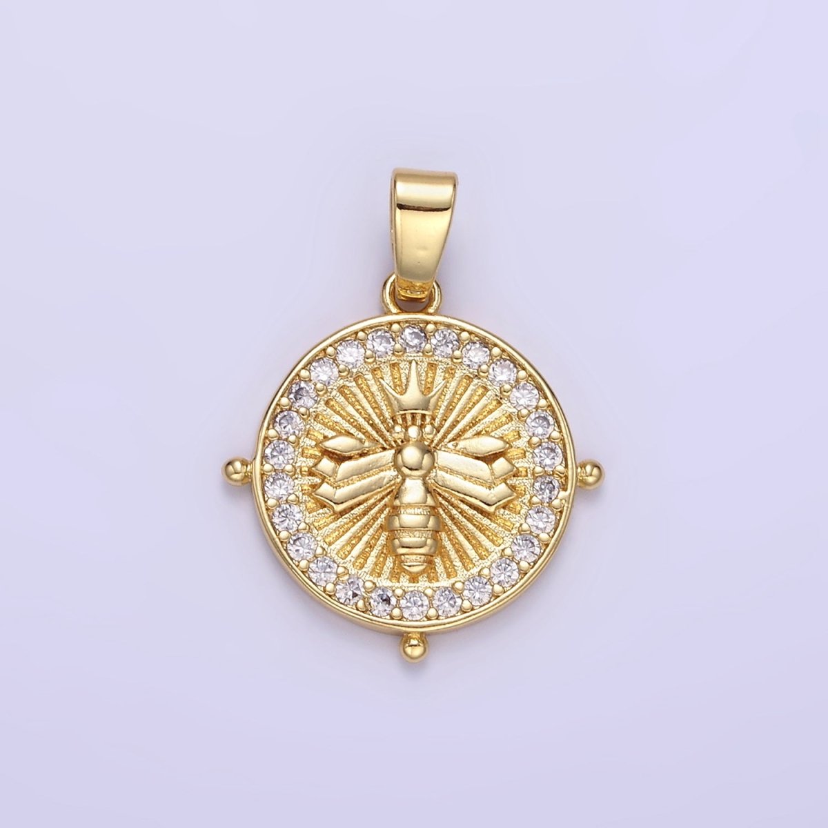 24K Gold Filled Queen Bee Sunburst Micro Paved CZ Round Pendant | AA1348
