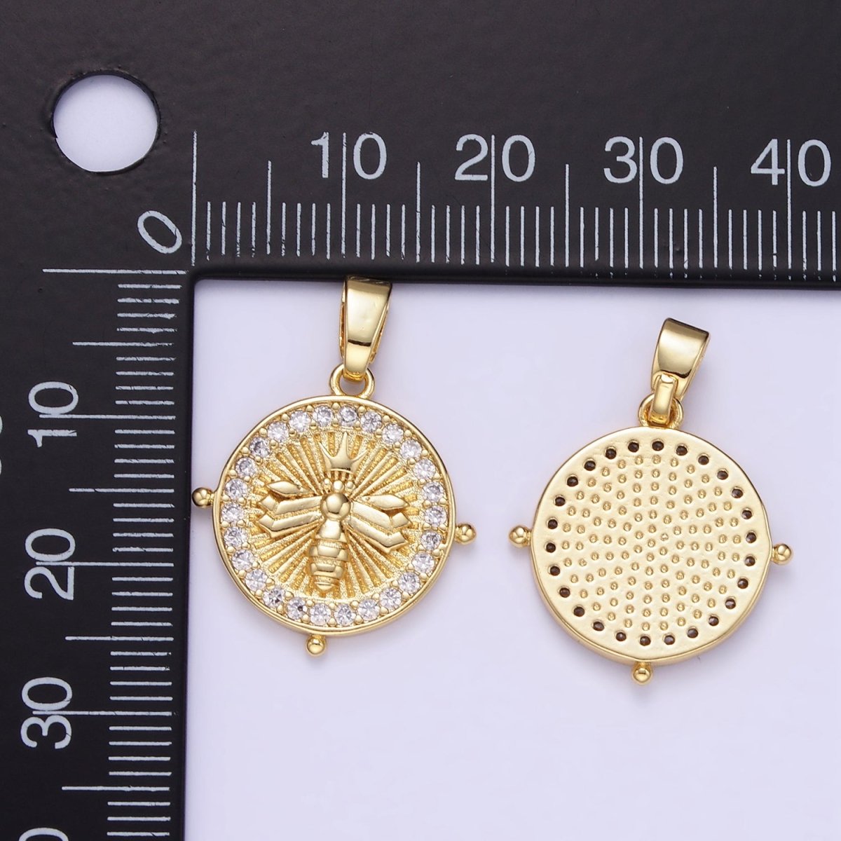 24K Gold Filled Queen Bee Sunburst Micro Paved CZ Round Pendant | AA1348