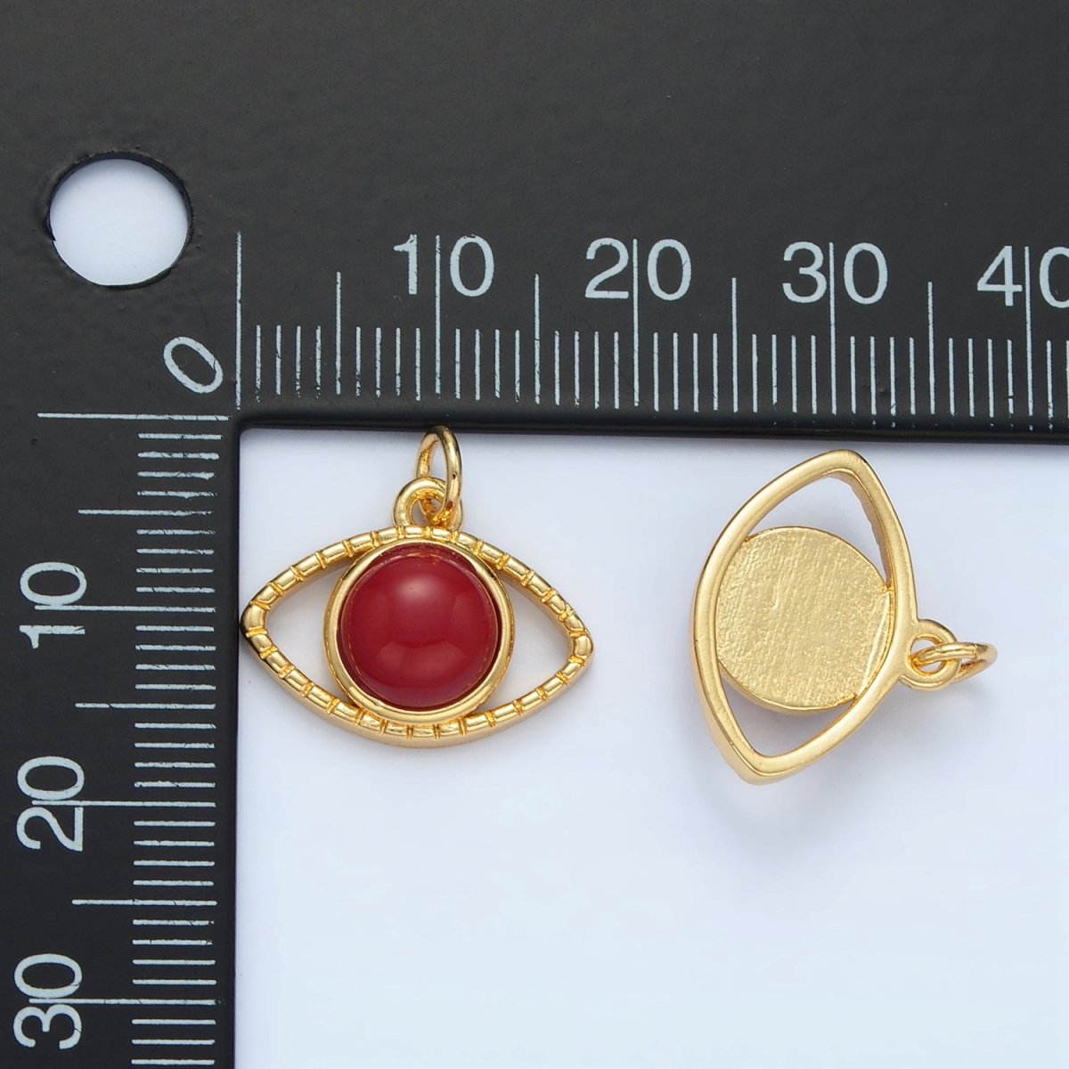 24K Gold Filled Red Carnelian Gemstone Open Evil Eye Charm | X593