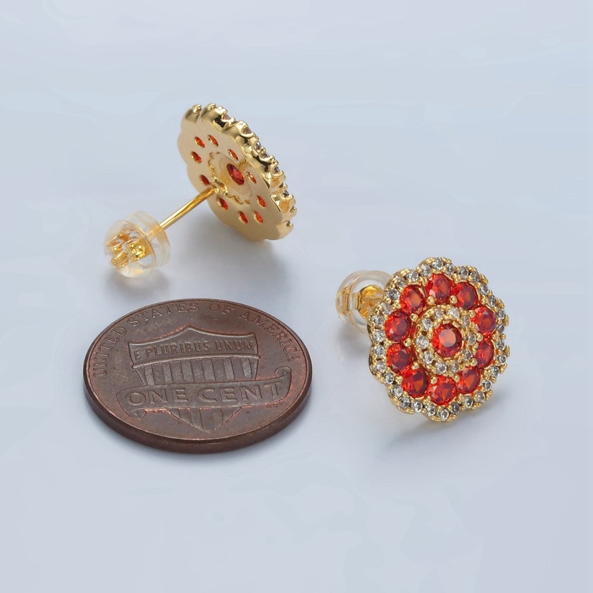 24k Gold Filled Red Flower Micro Paved CZ Stud Earrings | AD753