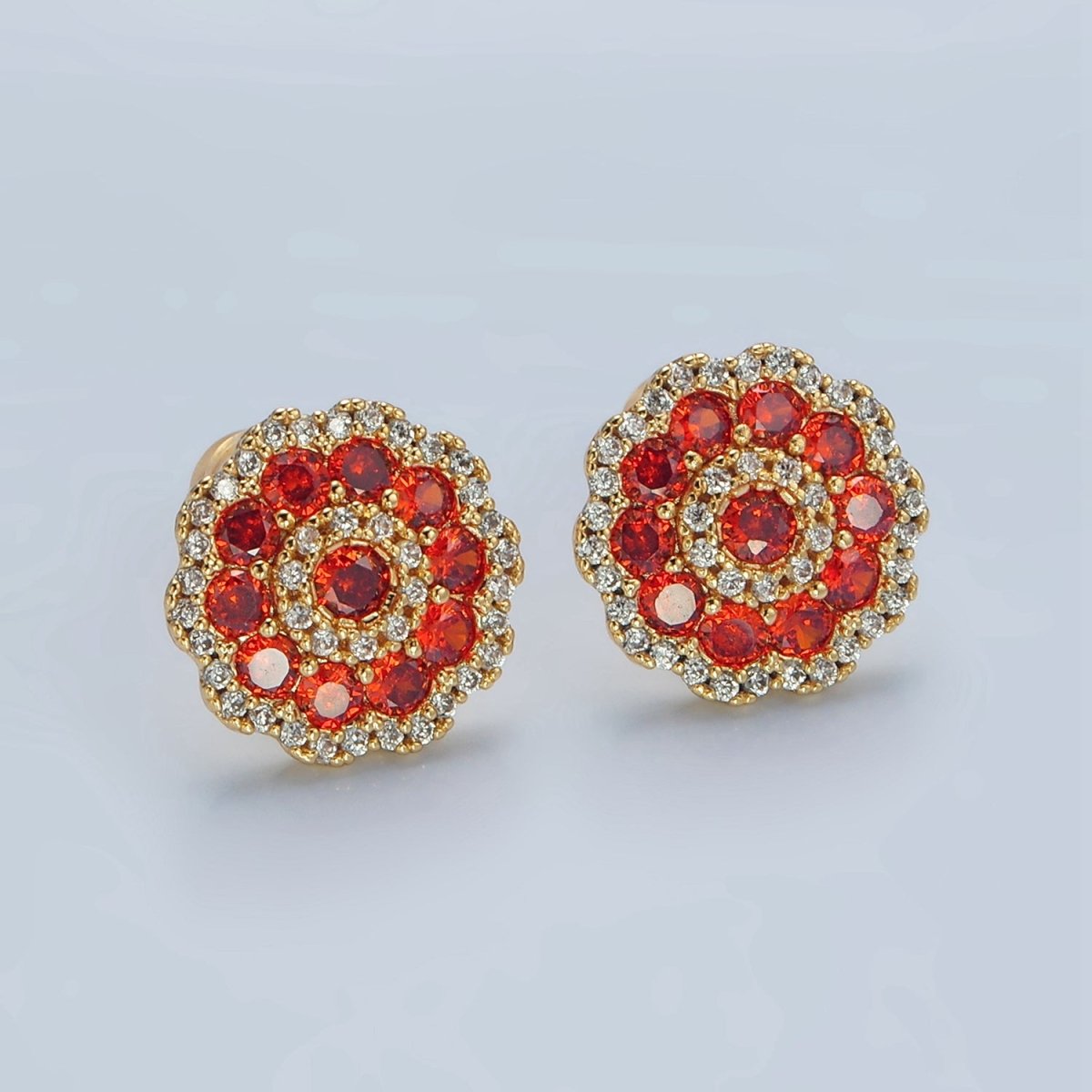 24k Gold Filled Red Flower Micro Paved CZ Stud Earrings | AD753