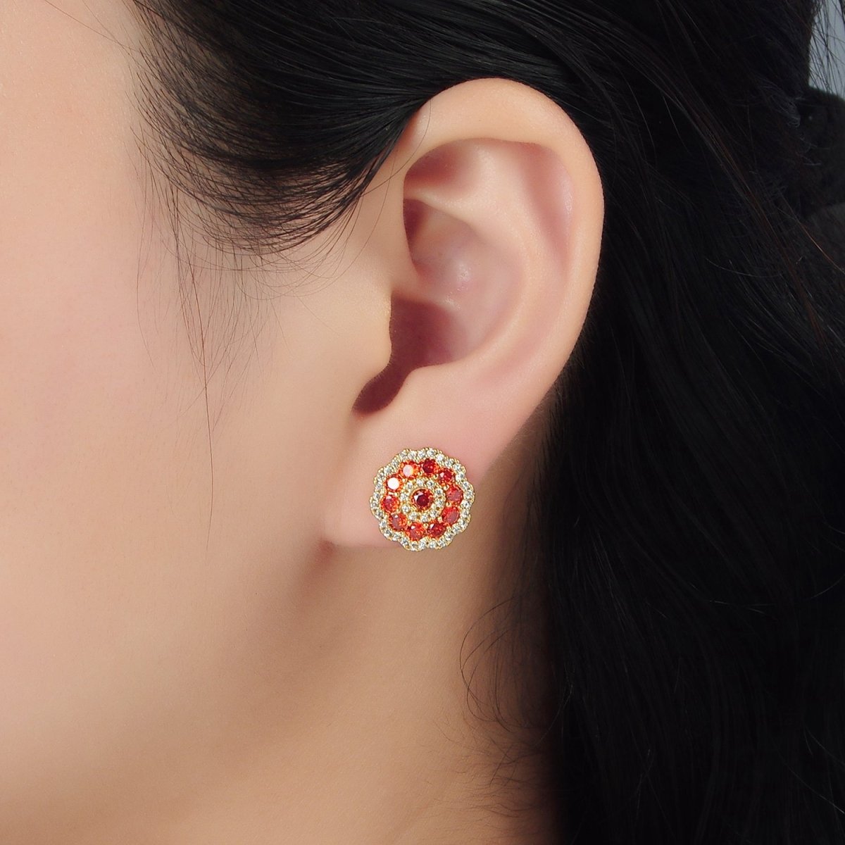 24k Gold Filled Red Flower Micro Paved CZ Stud Earrings | AD753
