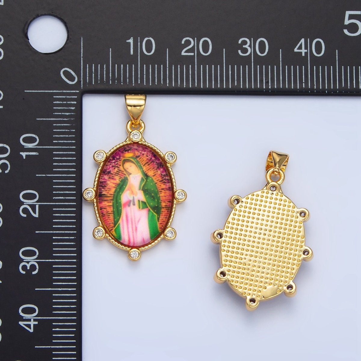 24K Gold Filled Red Lady Guadalupe Oval CZ Dotted Bezel Pendant | AA123