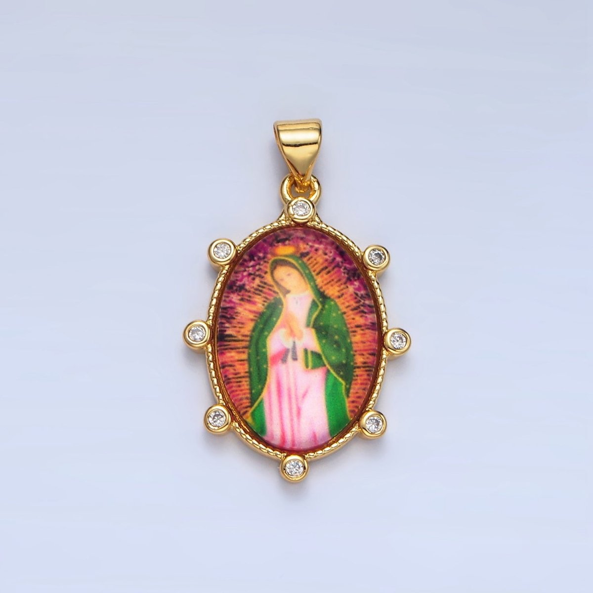 24K Gold Filled Red Lady Guadalupe Oval CZ Dotted Bezel Pendant | AA123