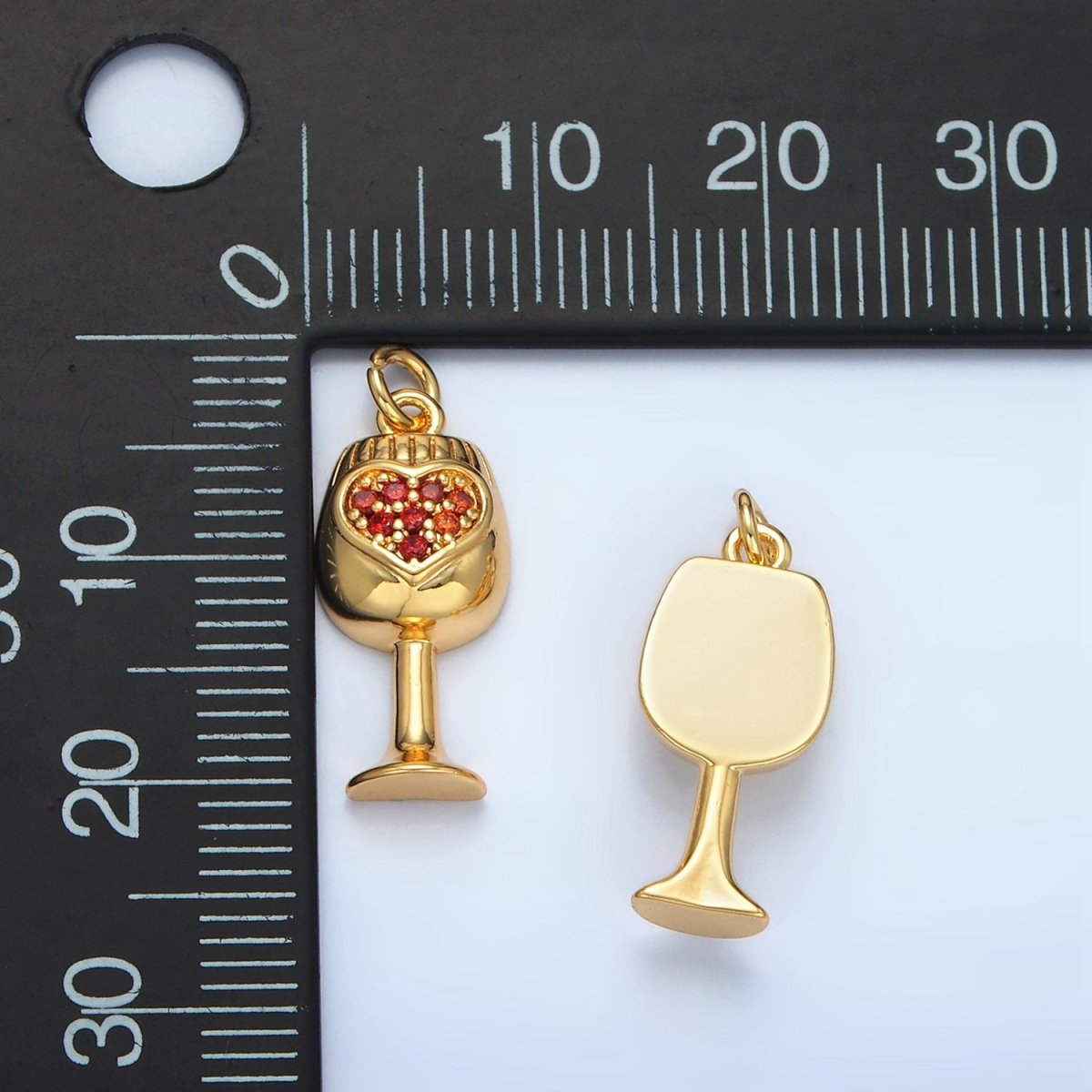 24K Gold Filled Red Micro Paved CZ Heart Wine Glass Alcohol Drink Charm | AG906
