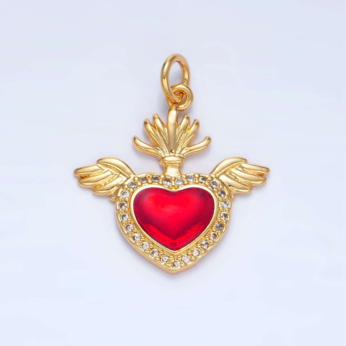 24K Gold Filled Red Micro Paved CZ Sacred Heart Wings Charm | X866