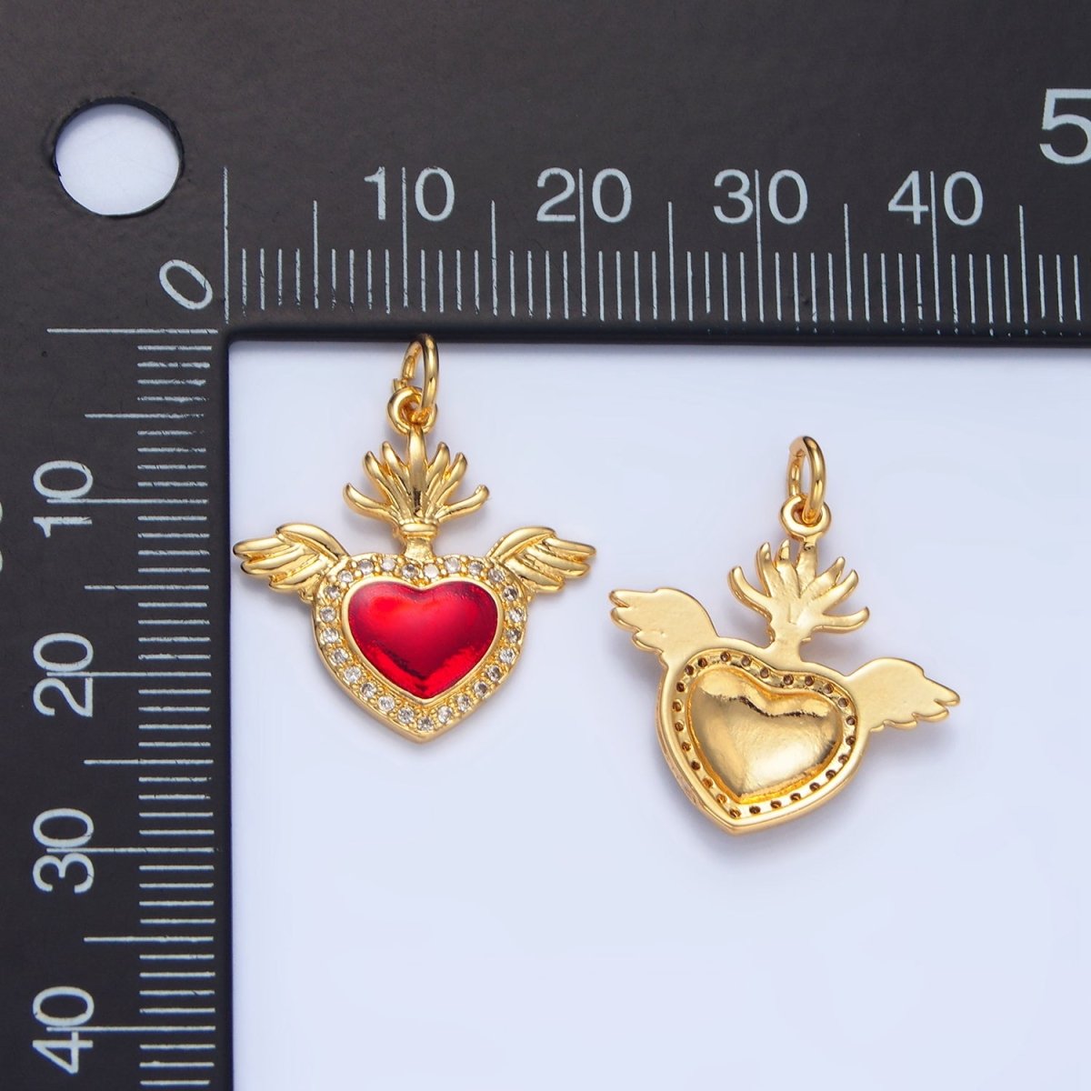 24K Gold Filled Red Micro Paved CZ Sacred Heart Wings Charm | X866
