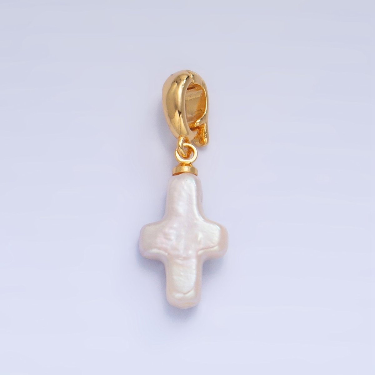 24K Gold Filled Religious Cross Freshwater Pearl Snap Latch Pendant | P1918