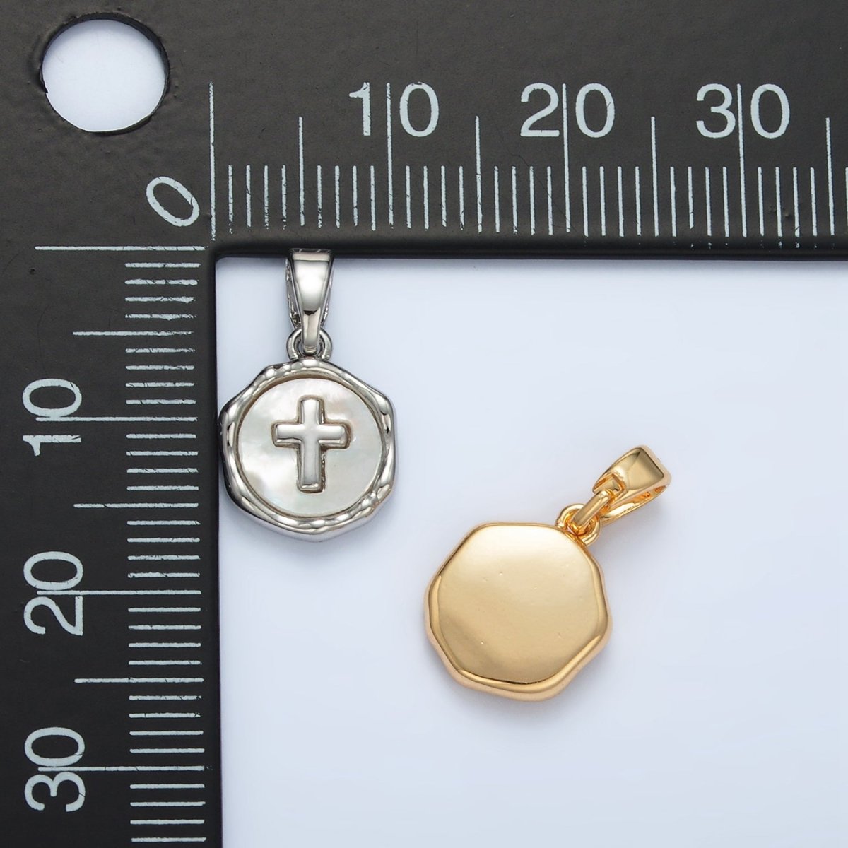 24K Gold Filled Religious Cross Shell Pearl Stamped Bezel Pendant in Gold & Silver | AA1521