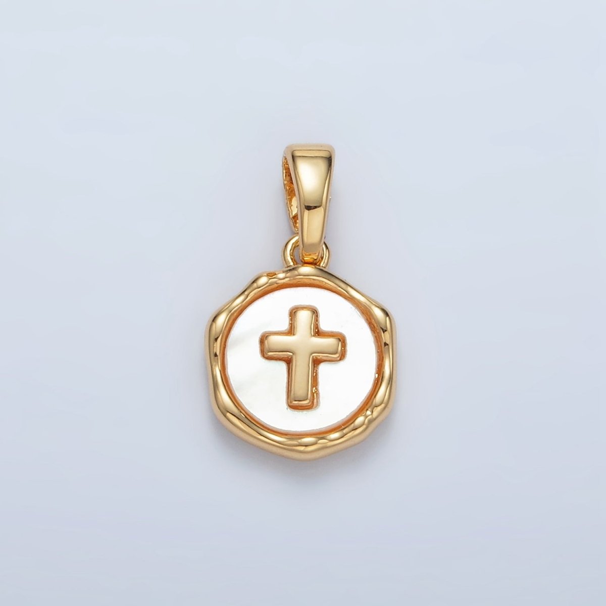24K Gold Filled Religious Cross Shell Pearl Stamped Bezel Pendant in Gold & Silver | AA1521