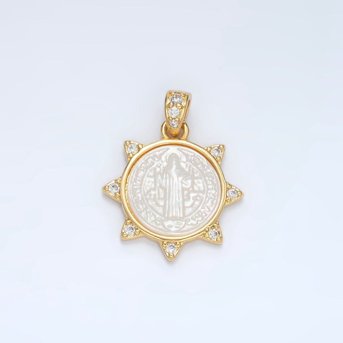 24K Gold Filled Religious Figure Saint Benedict Micro Paved Shell Pearl Sun Pendant | AA1373
