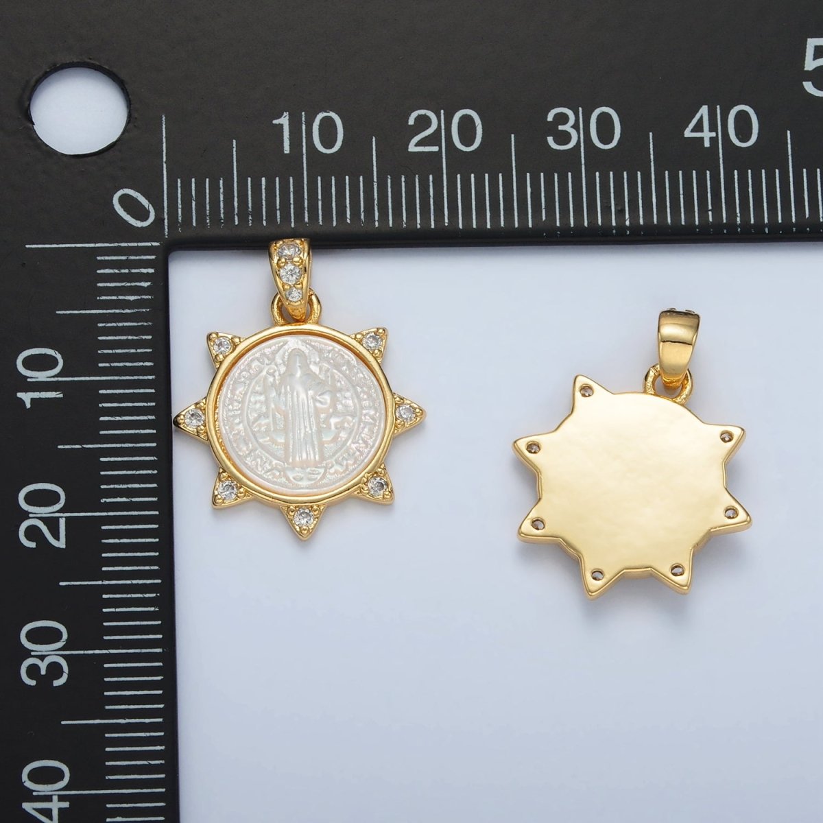 24K Gold Filled Religious Figure Saint Benedict Micro Paved Shell Pearl Sun Pendant | AA1373