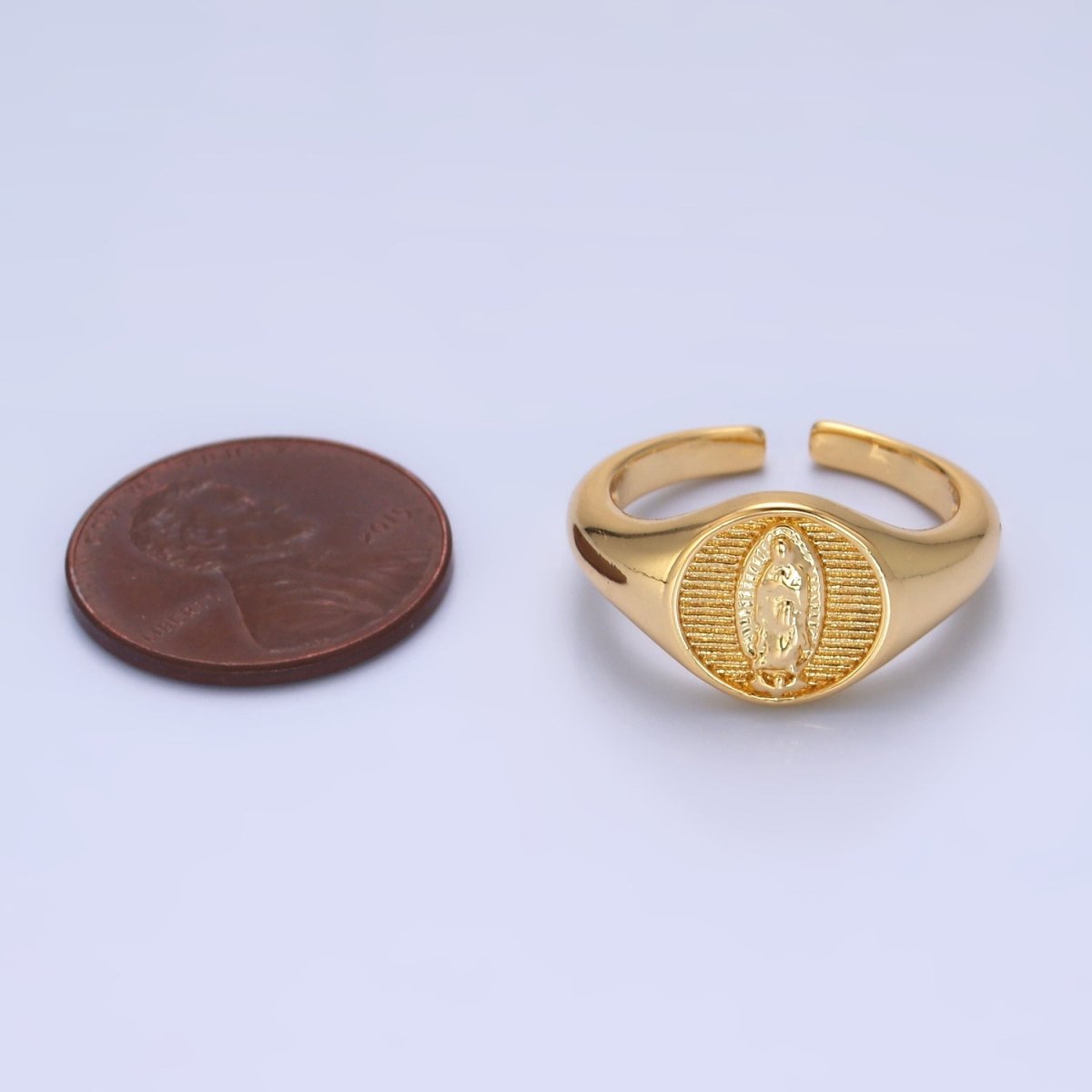 24K Gold Filled Religious Mother Mary Ribbed Signet Ring | O304