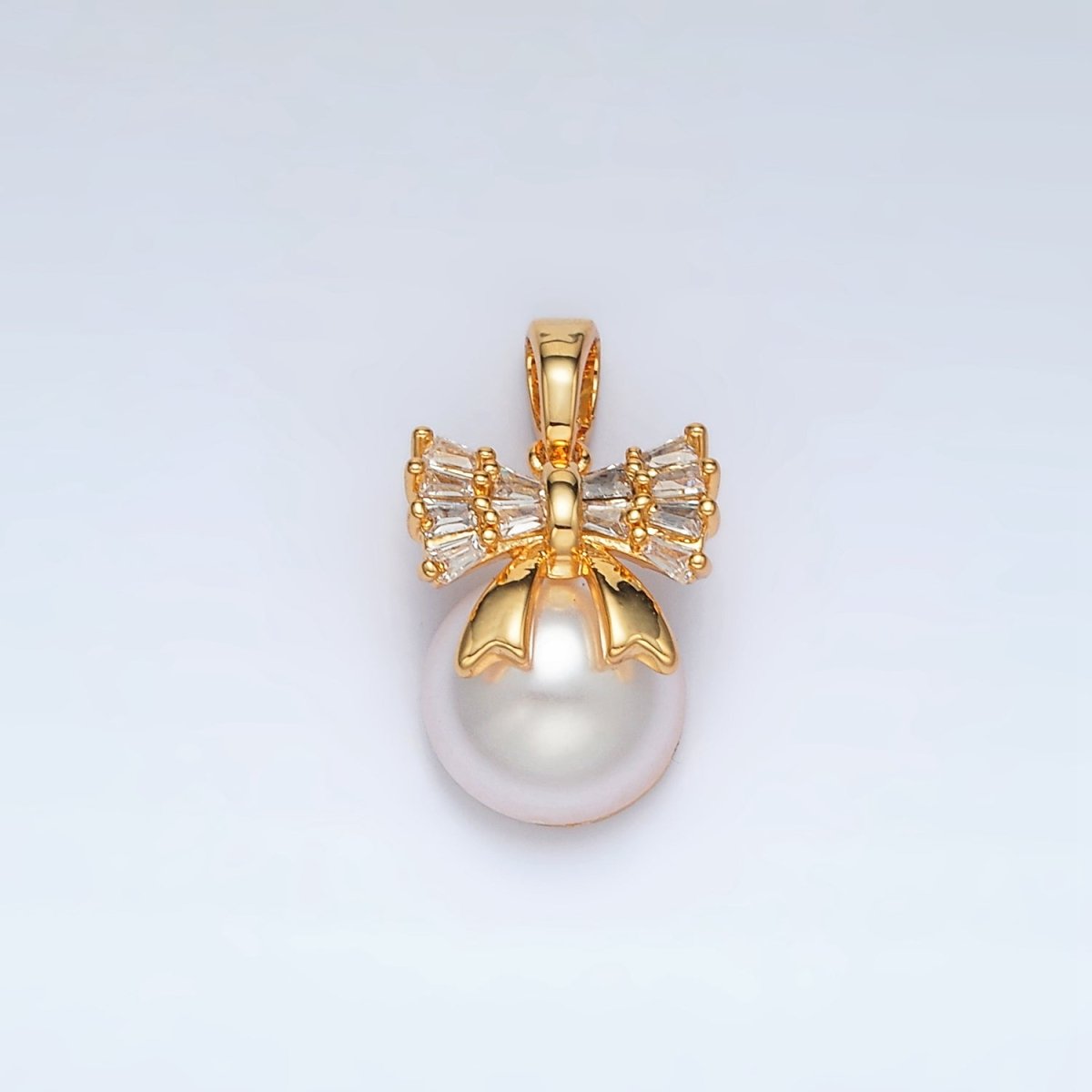 24K Gold Filled Ribbon Bow Baguette CZ Pearl Pendant | AA1408