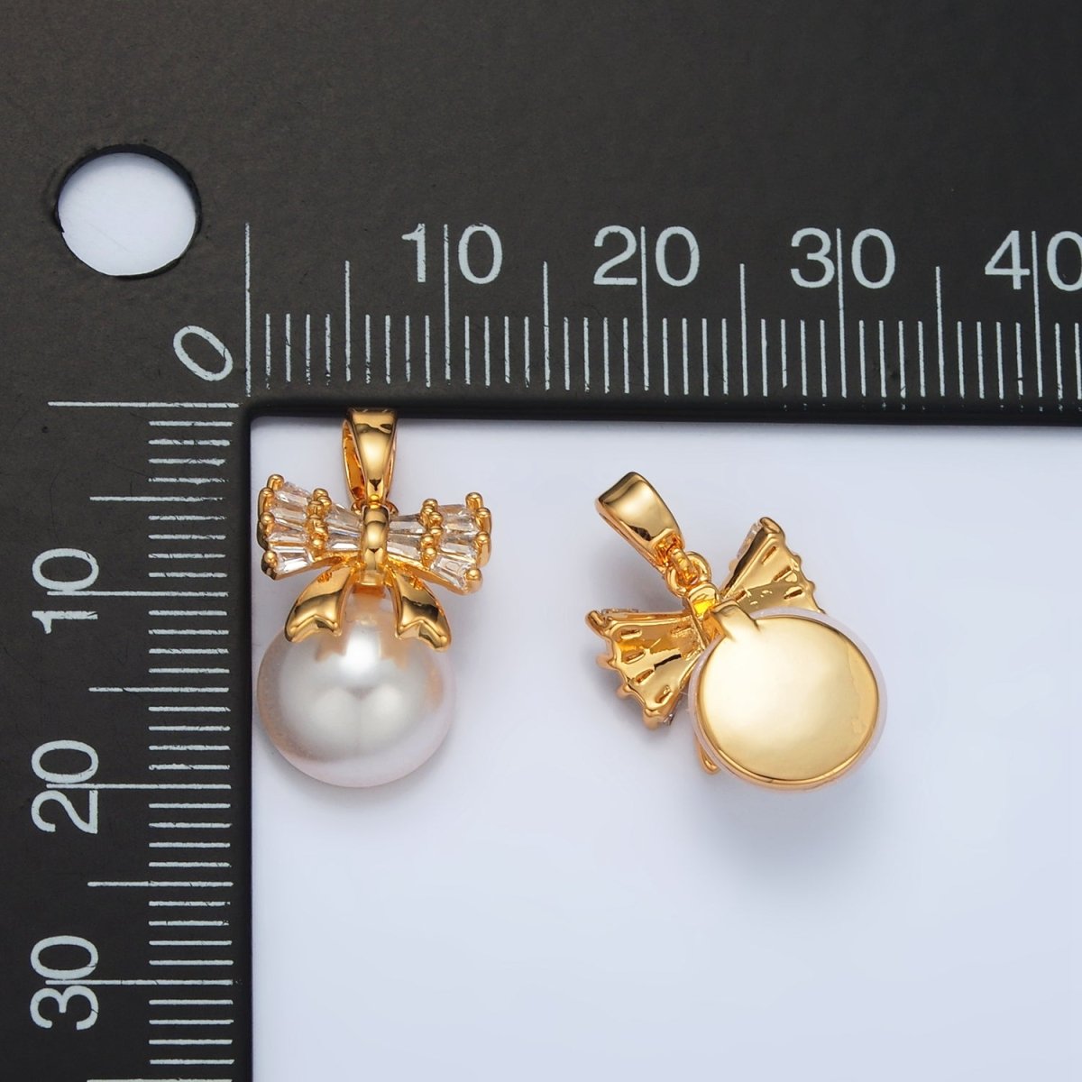 24K Gold Filled Ribbon Bow Baguette CZ Pearl Pendant | AA1408