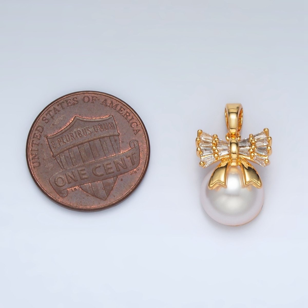 24K Gold Filled Ribbon Bow Baguette CZ Pearl Pendant | AA1408