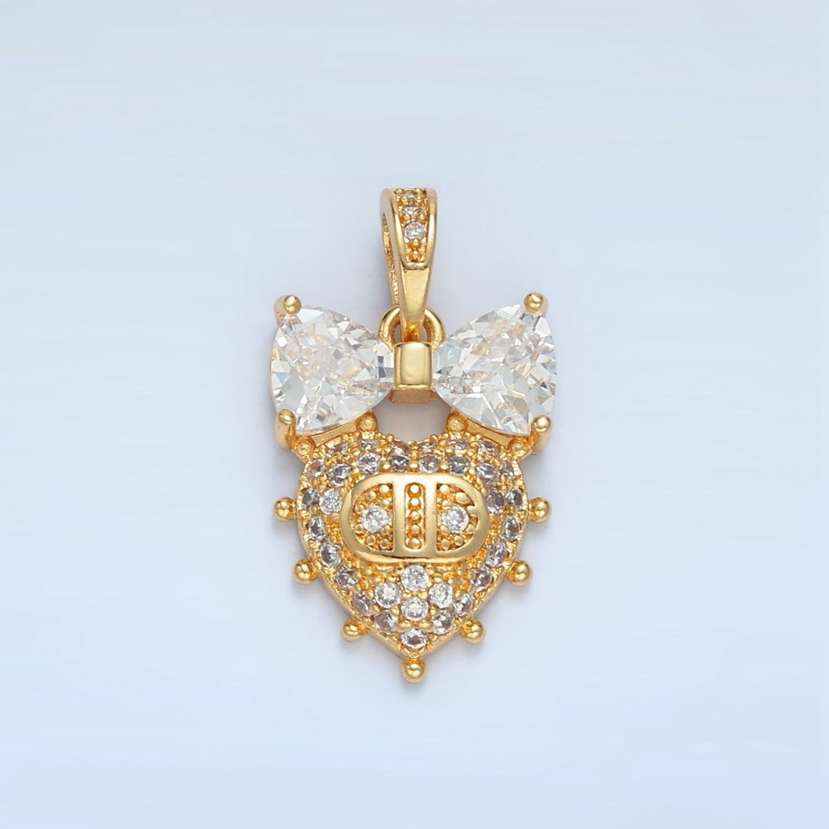 24K Gold Filled Ribbon Heart Micro Paved CZ Dotted Outline Pendant | AA873