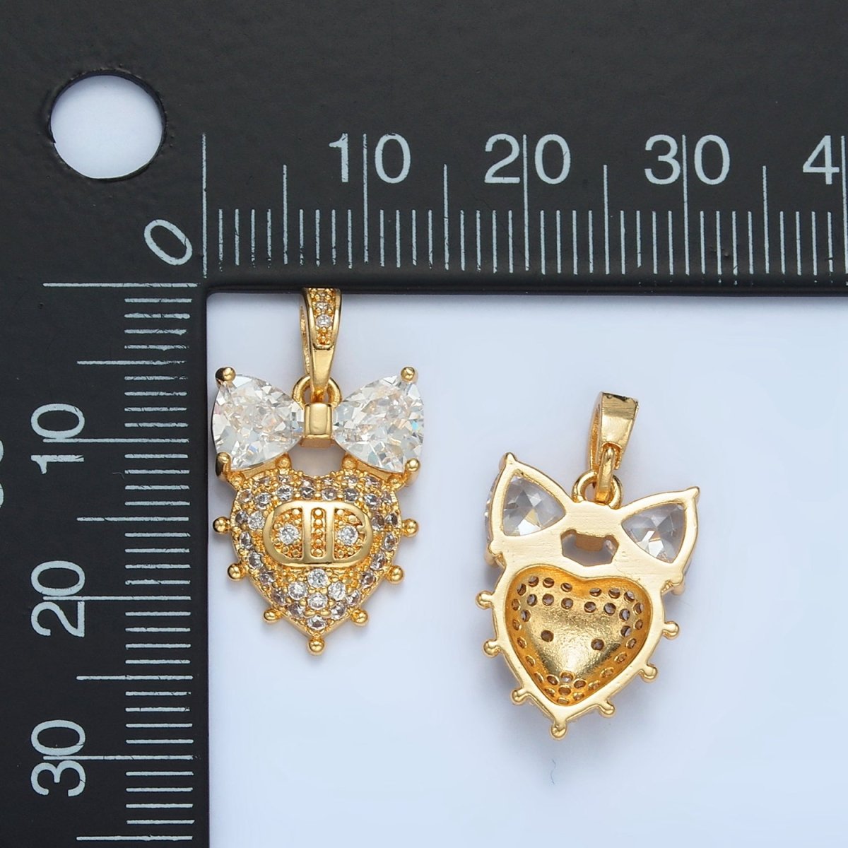 24K Gold Filled Ribbon Heart Micro Paved CZ Dotted Outline Pendant | AA873