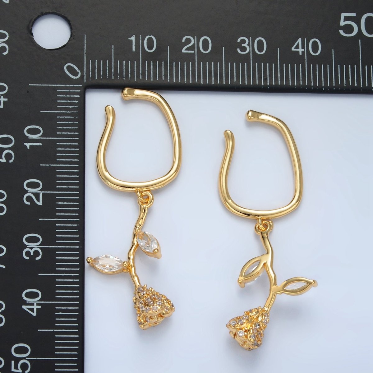 24K Gold Filled Rose Flower Micro Paved CZ Marquise Drop Ear Cuff Earrings | AI170