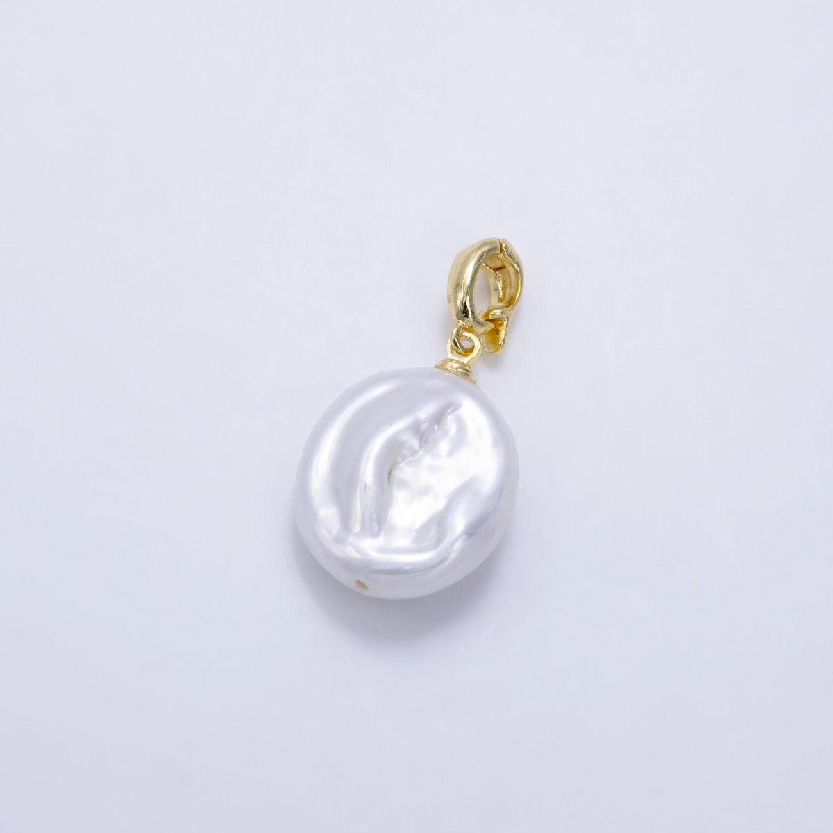 24K Gold Filled Round White Biwa Freshwater Pearl Snap Latch Bail Pendant | P1891