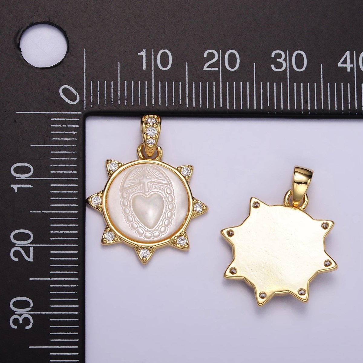 24K Gold Filled Sacred Heart Celestial Sun CZ Shell Pearl Pendant | AA056