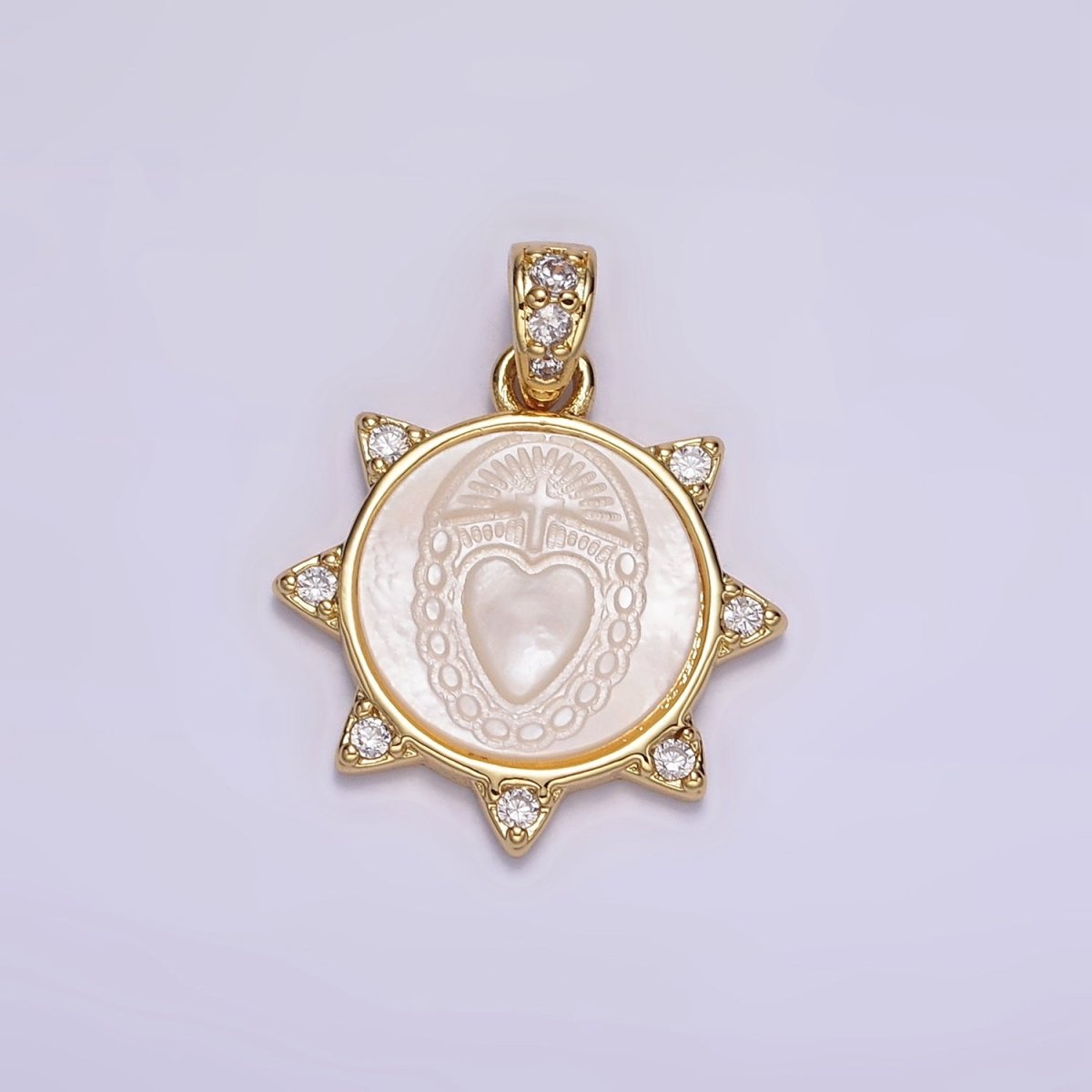 24K Gold Filled Sacred Heart Celestial Sun CZ Shell Pearl Pendant | AA056